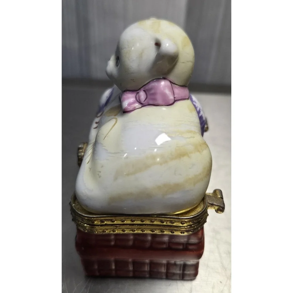 Vintage‎ Porcelain Trinket Box Cat On A Basket